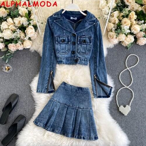 ALPHALMODA Autumn Denim Suit Turn-down Collar Long-Sleeved Crop Outfit Jacket + Denim Pleated High Waist Skirt Women 2pcs Set