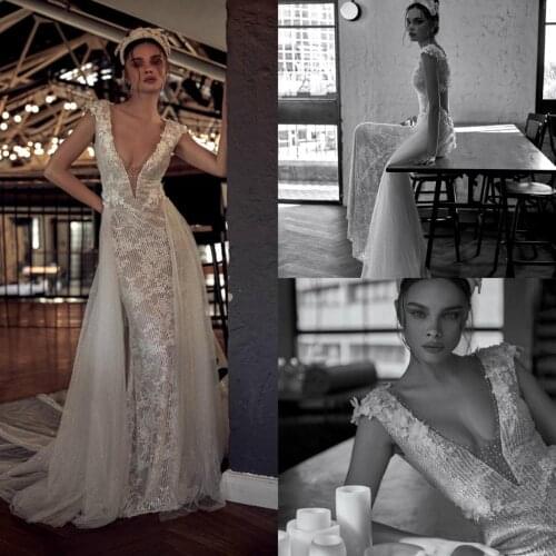2020 Wedding Dresses V Neck Capped Sleeve Lace Applique Beading Bridal Gowns Sexy Hollow Back Sweep Train Mermaid Wedding Dress