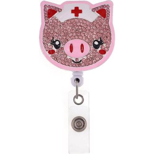 10pcs/lot Pink Enamel Rhinestone Retractable Badge Pull Reel Animal Cute Pig Head For Nurse Gift Hospital Badge Holder