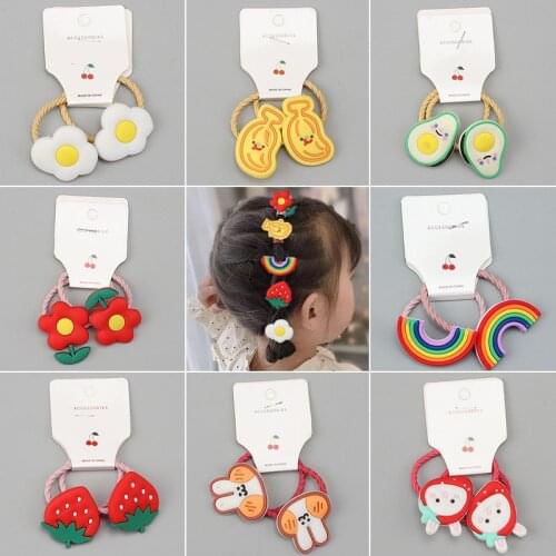 2 Pcs Girls Elastic Rubber Band Hair Band Princess Cute Fruit Rainbow Hair Rope Hair Accessories Fashion Headdress Wholesale