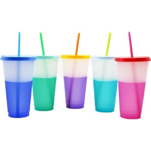 69HC Color Changing Plastic Tumblers with Lids and Straws 5 PCS Reusable Color Changing Cold Drink Cup Summer Coffee Tumblers