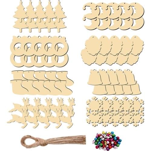 80pcs Wooden Christmas Ornaments DIY Crafts Wooden Bulk Cutouts Crafts With Twines And Bells Home Party Christmas Upgrade
