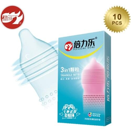 Beilile 3 In 1 Ribbed & Studded Condom 10 PCS G-Spot Massage Cock Sleeve For Sex Spikes Condoms for Men Textured Penis Sleeve