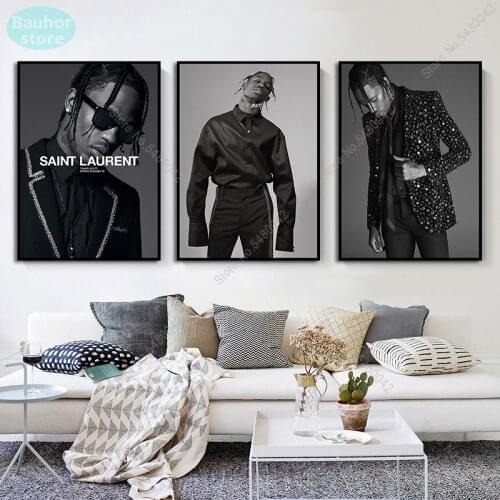 Black White Travis Scott Art Poster Music Star Rap Hip Hop Rapper Canvas Painting Retro Wall Picture Prints for Mural Decoration