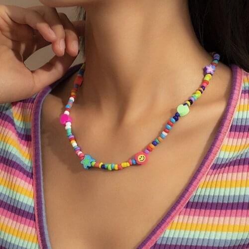 SRCOI Bohemian Multicolor Resin Bead Choker Necklace Women Girls Soft Clay Smile Sweet Heart Star Short Collar Necklace Party