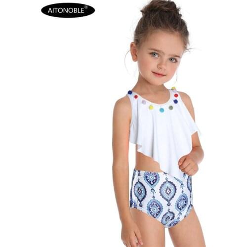 2019 Children Kids Girls Swimwear Teen Biquini Bikini 2 Pieces Ruffle Top and High Waist Bottom