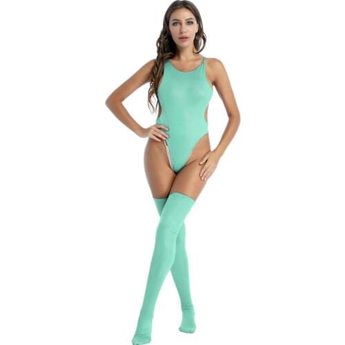 Women Wet Look Metallic Lingerie Set Sleeveless Hollow Out Bodycon Jumpsuit High Cut Bodysuit with Stocking Nightclub Costume