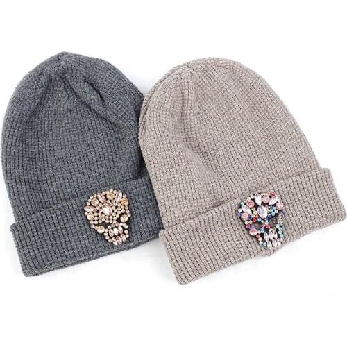 Geebro Woman Cotton Knitting Beanie Hats With Skull Bone Rhinestones Accessories Soft Wool Lady Fashion Skullies Beanies Caps