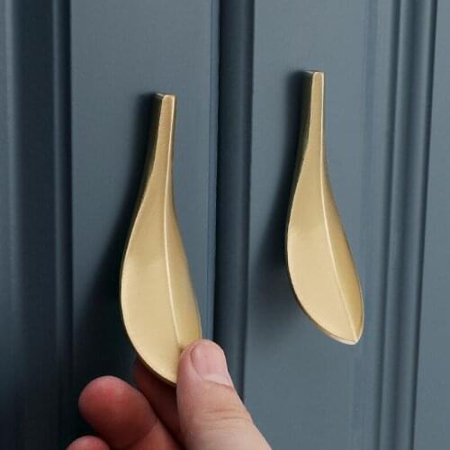 Creative Design Leaf Shaped Brass Handles Golden Solid Cabinet Door Drawer Knobs Dresser Pull DIY Furniture Knob