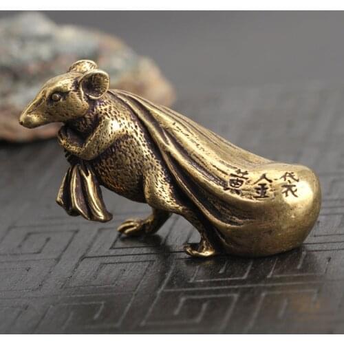 Copper Big Mouse Figurines Miniatures Chinese Feng Shui Ornament Desktop Decoration Craft Retro Animal Rat Pull Money Bag Statue