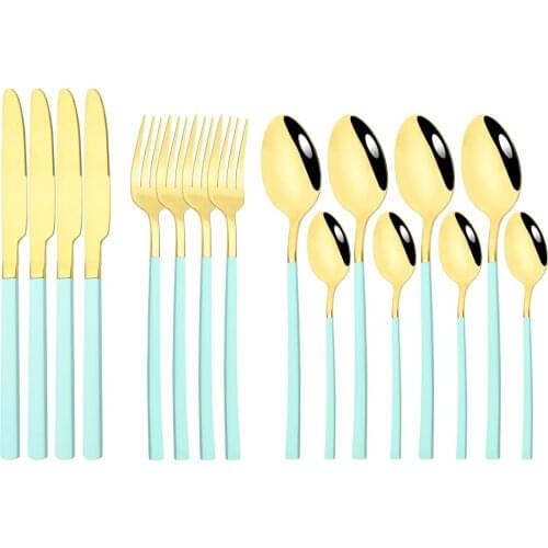 16pcs Dinnerware Stainless Steel Cutlery Set Knives Fork Flatware Mint Green Gold Tableware Silverware Set Kitchen Accessories