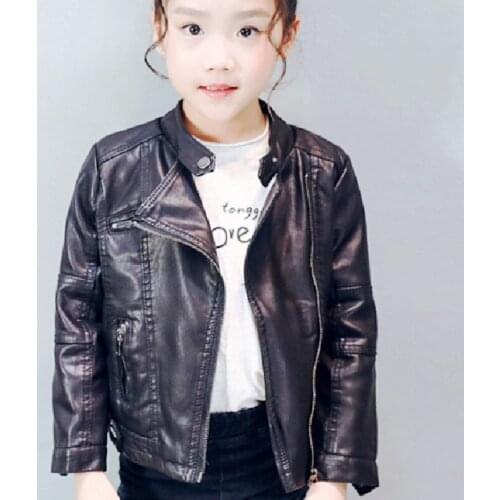 New Girls Coats Leather black outwear Kids Jacket O-Neck Collar Good quality Girls Jacket 7CT012