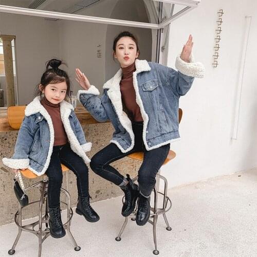 Family Matching Outfits Coats Winter New Mother and Daughter Matching Plus Velvet Denim Jackets Family Look Mommy and Me Coats