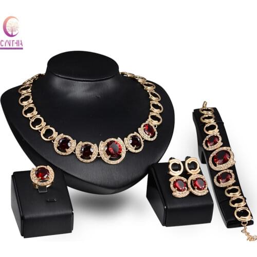 Fine Jewelry Set Gold color Red Green Zircon Pendant Fashion Austrian Crystal Necklace Bracelet Ring Earrings Wedding Party Set
