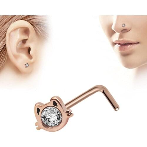 Cat Face 1Pc 20G Zircon Gem L-Shape Nose Studs Piercing Earring Anodized Rose Gold Steel Nose Ring Prong CZ Lobe Jewelry Body