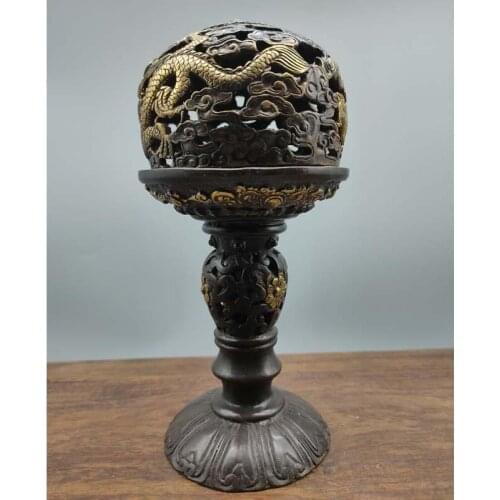 Old Tibet Copper converter Dragon ball black coated Incense Burner Censer Arabian Incense Holder Bakhoor Oud Incense Sticks Cone