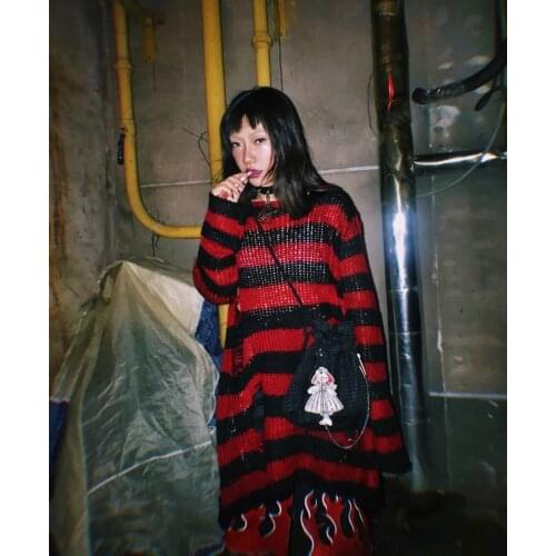 Spring Autumn Harajuku Gothic Girls Punk Purple Top Women Long Pullover Hole Striped Loose Knitted Jumpers Top