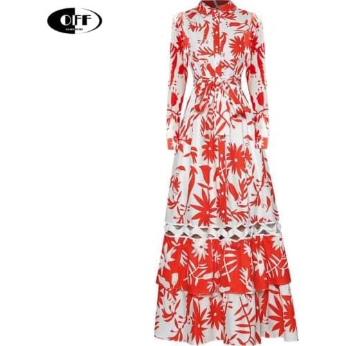 Designer Runway Fashion Maxi Dresses For Women Turn Down Collar Hollow Out Floral Printed Ruffles Elegant Beach Party Long Dress