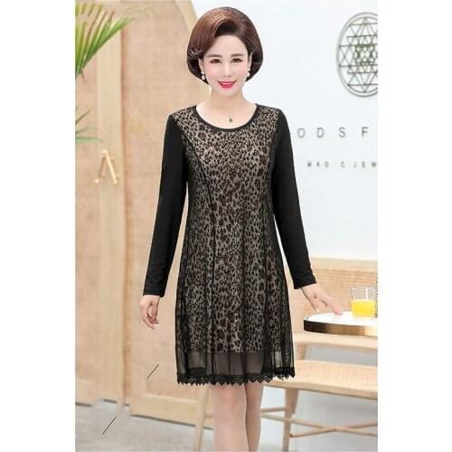 Leopard print dress Mujer Mid-length spring autumn long-sleeved large size O-neck loose foreign style new lace vestidos D175