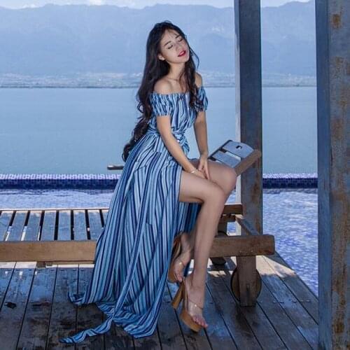 Boho Dress Elegant Women Slash Neck Beach Striped Print Short Sleeve Button Front A Line Dress Vestidos Y74