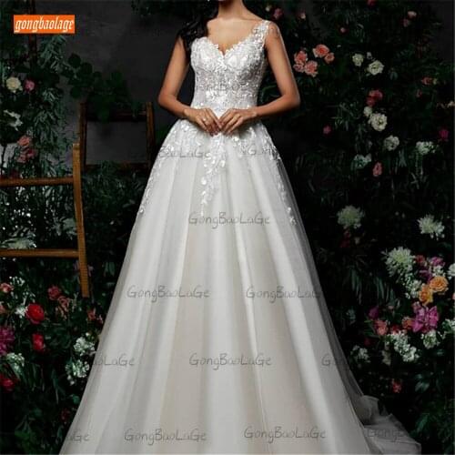 Elegant White Wedding Dresses 2021 Sexy Sleeveless vestido de novia Lace Appliqued Tulle A Line trouwjurk Customized Bride Gowns