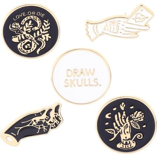Love or die Love kills Draw skulls Witch hand pins Enamel Pin Badge Lapel Pin Black White Golden Hard Enamel Jewelry