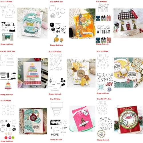 Winter Decorations Tree Flower House Orange Cake Word Metal Cutting Dies&Transparent Clear Stamps For DIY Scrapbooking Album Pap