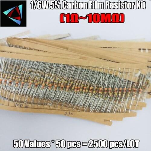 1/6W 5% 50valuesx50pcs=2500pcs 1R~10M Carbon Film Resistor Assorted Kit