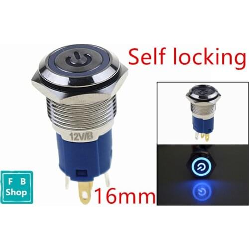1PCS 12V 16mm Blue Flat Self-lock Metal Annular Push Button Switch Ring LED Latching Waterproof Car Auto Engine