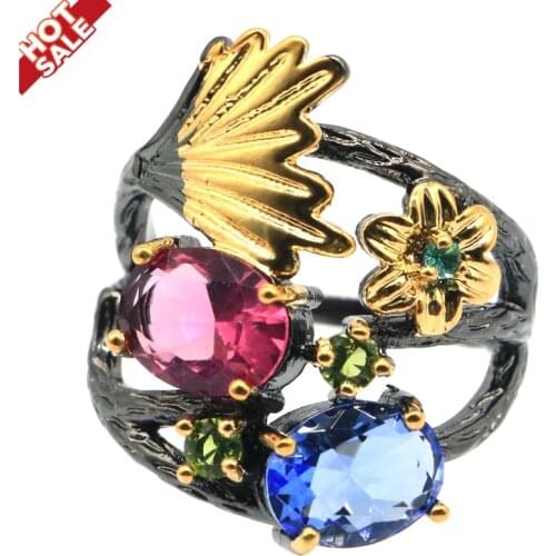 25x20mm Neo-Gothic 6.2g Created Tourmaline Tanzanite Peridot Blue Turquoise For Womans Black Gold Silver Rings Eye Catching