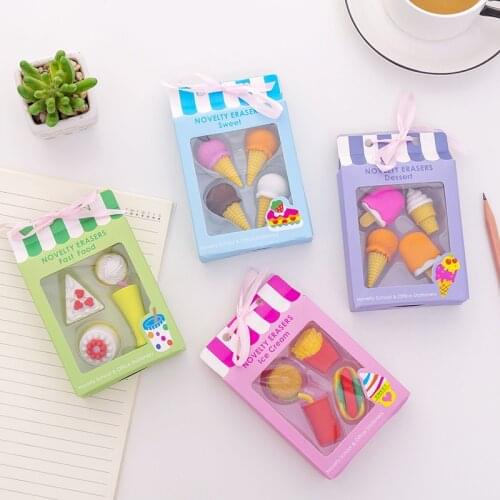 4Pcs/Box Kawaii Ice cream Hamburger Erasers for Office School Creative Stationery Supplies Kids Writing Drawing Student Gift