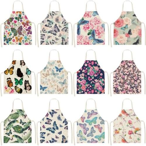 Butterfly Printed Kitchen Aprons for Women Cotton Linen Home Cooking Baking Waist Bib Pinafore Cleaning Tools TCWQ08