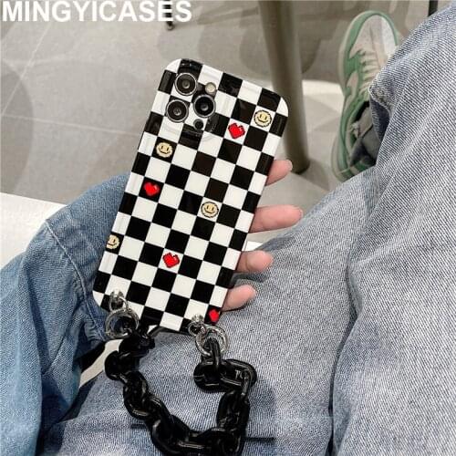 Cute Grid IMD Protective Phone Cases for Iphone 12 Pro 11 Pro Max Xr 7 8 Plus Xs Max X Cover Chain Bracelet Fundas Coque Capa