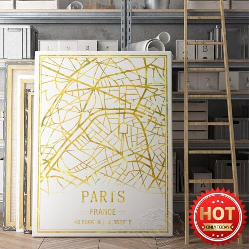 Paris France Map Wall Picture, World Tavel City Paris City Goid Line Map Mural, Living Room Sofa Background Wall Decor Prints