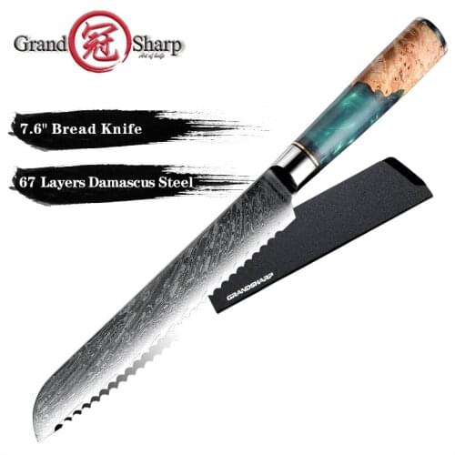 Grandsharp Bread Knife 7.6 inch Pro Kitchen Knife 67 Layers Damascus Steel Cheese Cake Cutter Knife Serrated Knife Baking Tools