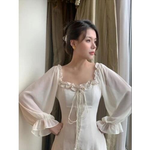 Autumn 2021 Women Off Shoulder White Elegant Dress French Retro Bandage Party Mini Dresses Lady Designer Dress WomenS Clothing