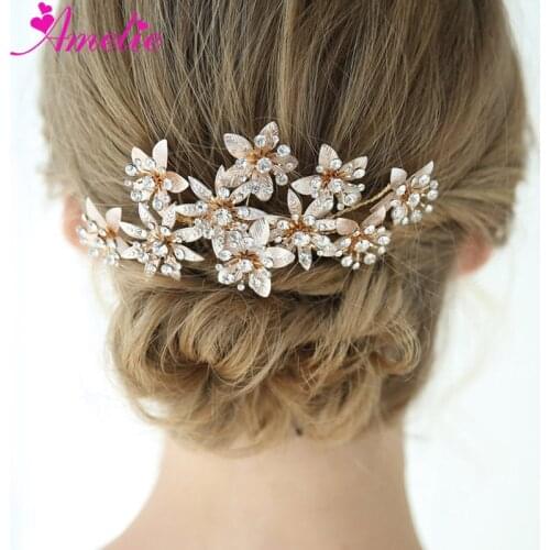 Wedding Party Headpiece Hair Comb Gold Floral With Rhinestone Bridal Jewelry Side Comb Photography Accessories