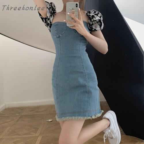 High Quality Summer 2021 Fashion Woman Patchwork Denim Dresses Short Puff Sleeve Silm Mini Female Party Sexy Dress Vestidos