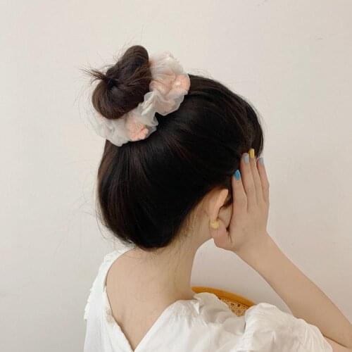 Girl Sweet Embroidered Flower Large Intestine Loop Hair Rope Kawaii Sweet Lolita Side Clip Collection Girl Hair Accessories Girl