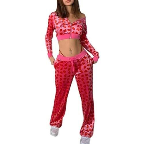 2021 Women Y2K Heart Print Long Sleeves Hoodies + Lace-up Pants Set Zipper Cardigan Jacket + Trousers Outfits for Daily Exercise