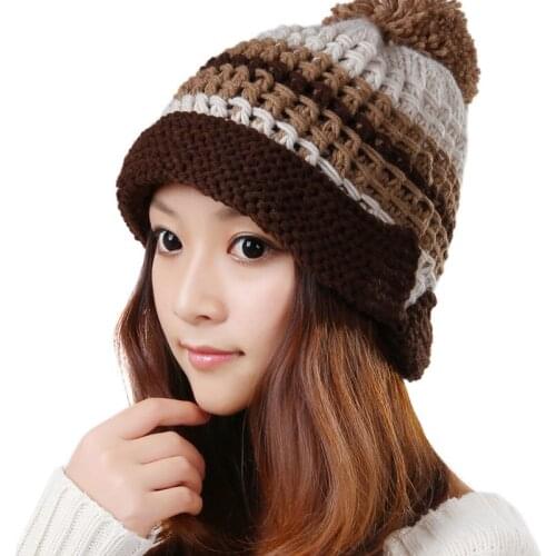 BomHCS Trendy Fashion Curling Mosaic Color Winter Warm Women Knitted Hat Lady Beautiful Handmade Beanie Ear Muff Cap Hats