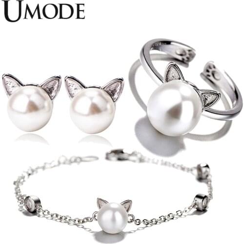 UMODE Girls Kids Cute Cat Ear Pearl Stud Earrings Adjustable Rings Chain Bracelets Jewelry Set Womens Jewellery US0054