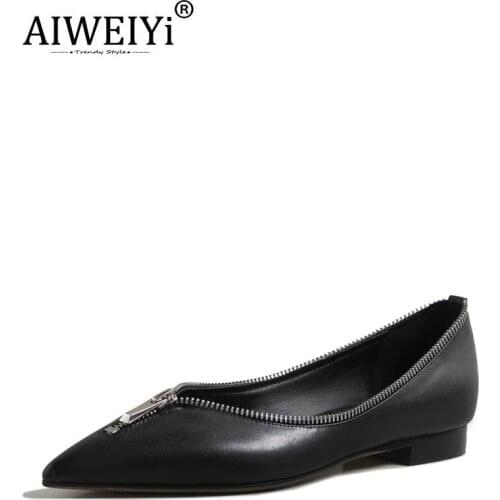 AIWEIYi Single Shoes Woman Spring Shallow Mouth Ins Flat British Style Pointed Toe Lazy Shoes Genuine Leather Flats
