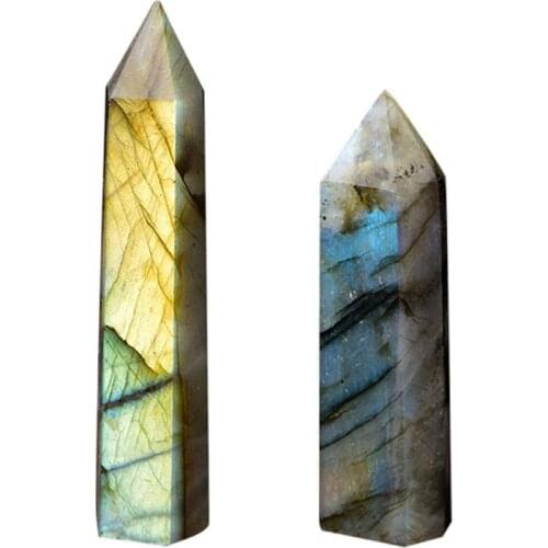 100% Natural Labradorite Moonstone Crystal Stone Hexagonal Edge Degaussing Energy Stone Quartz Ornaments