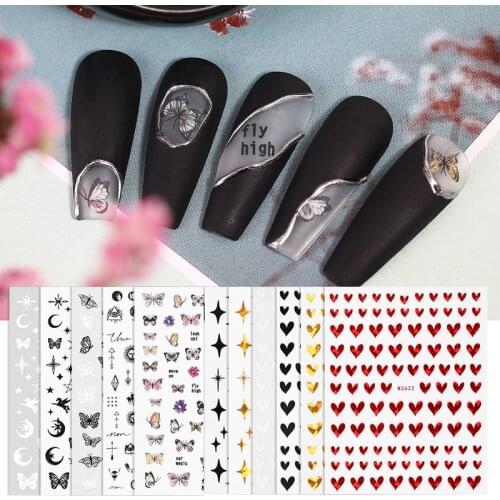 5 Sheets Nail Art Stickers Black White Star Heart Shape Butterfly Smile Face Pattern DIY Manicure Decal Decoration