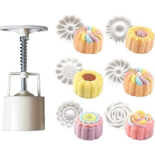 6 Style Stamps Round Flower Mooncake Mold Hand Pressure Fondant Decoration Cookie Cutter Pastry Baking Tool for Home Kitchen