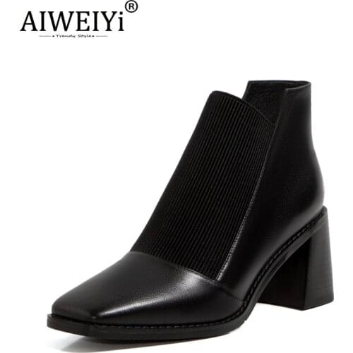 AIWEIYi Women Boots Genuine Leather Round Toe High Heels Platform Ankle Boots For Women Winter Short Boots Warm Casual Shoes