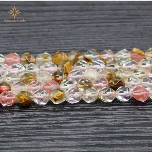Natural Stone Diamonds Faceted Cherry Quartzs Round Loose Star Cut Polygon Beads For Jewelry Making DIY Bracelets Necklace