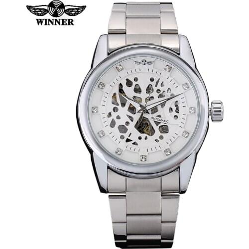 WINNER men fashion casual mechanical watches steel band silver case watches hot brand skeleton wristwatches relogio masculino