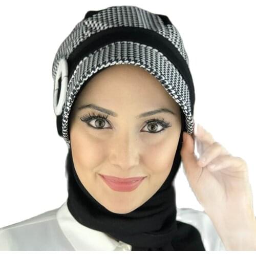 Islamic Fashion Muslim Women Hijab 2021 Trend Bone Beanie Scarf Buckle Ready Sal White Patterned Black Ankle-Strap Hat